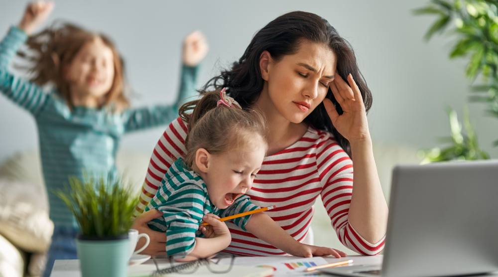 woman working from home with children