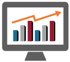 A computer with a chart showing an arrow pointing upward.