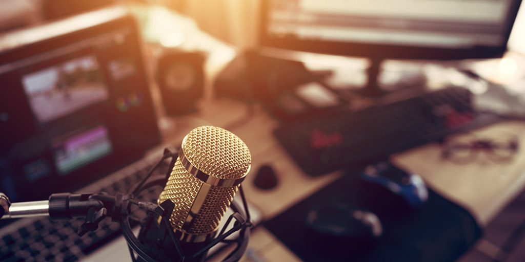Broadcasting microphone used for making higher education podcasts.
