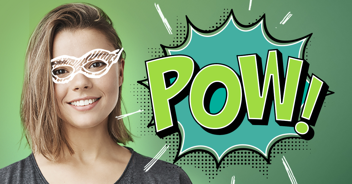 Young woman with cartoon mask and carton lettering saying Pow.
