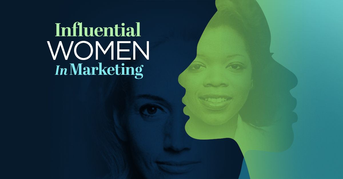 Influential Women in Marketing graphic with multi color images of women's faces and side views