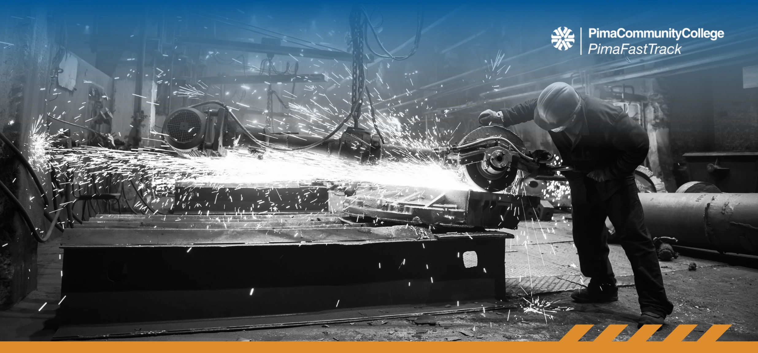 Pima hero image of a man cutting metal with sparks flying