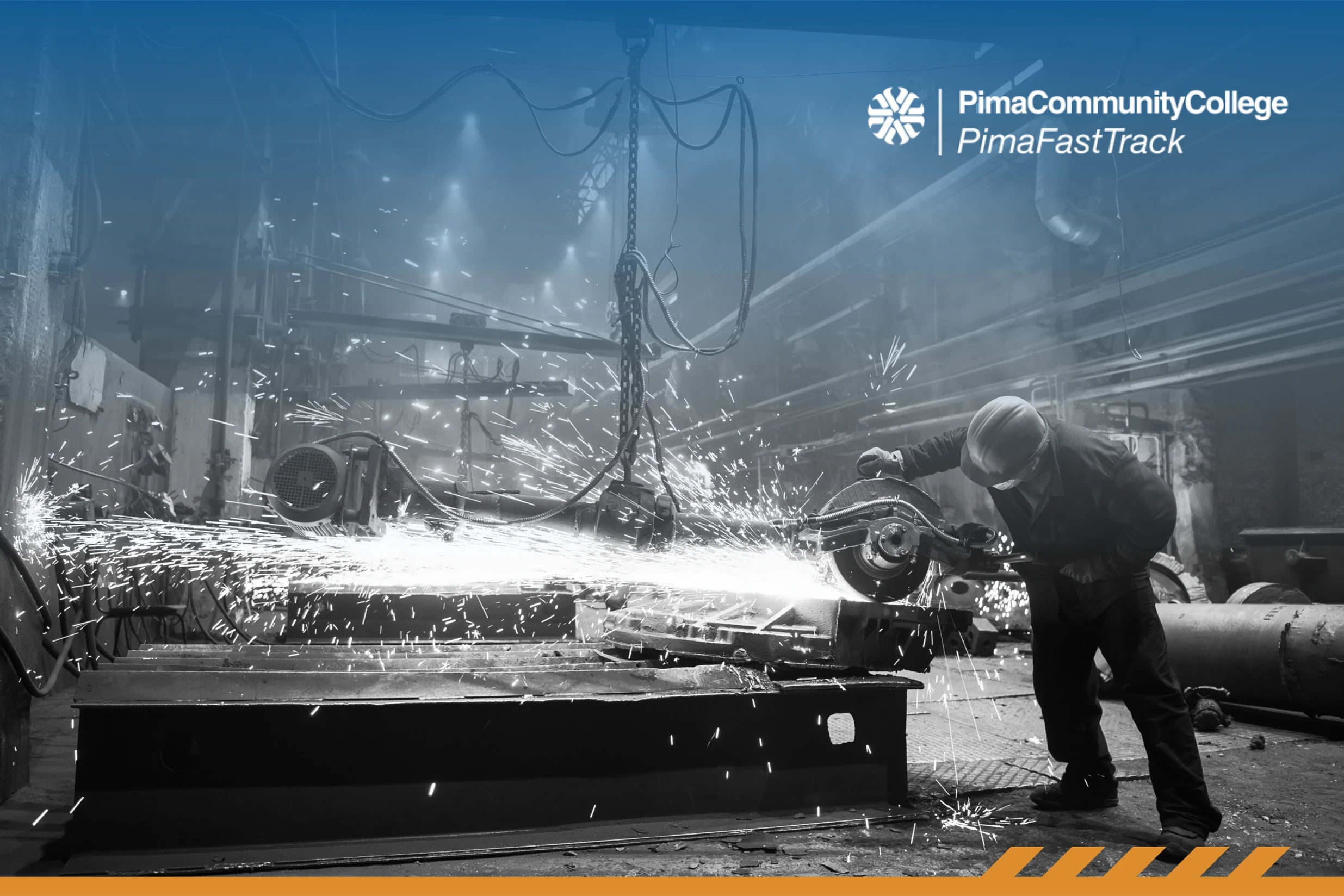 Person in a shop sawing metal with sparks flying