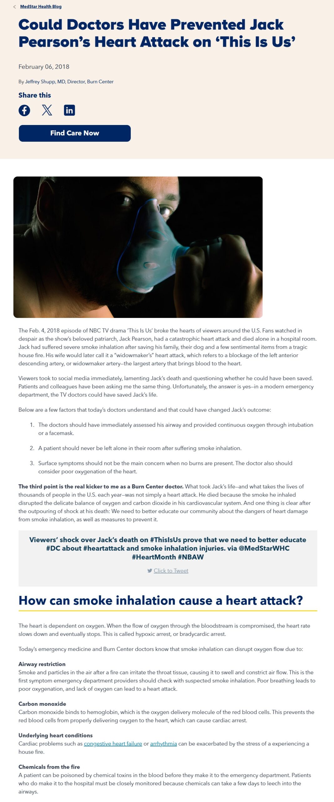 screenshot of blog story about This Is Us character's heart attack