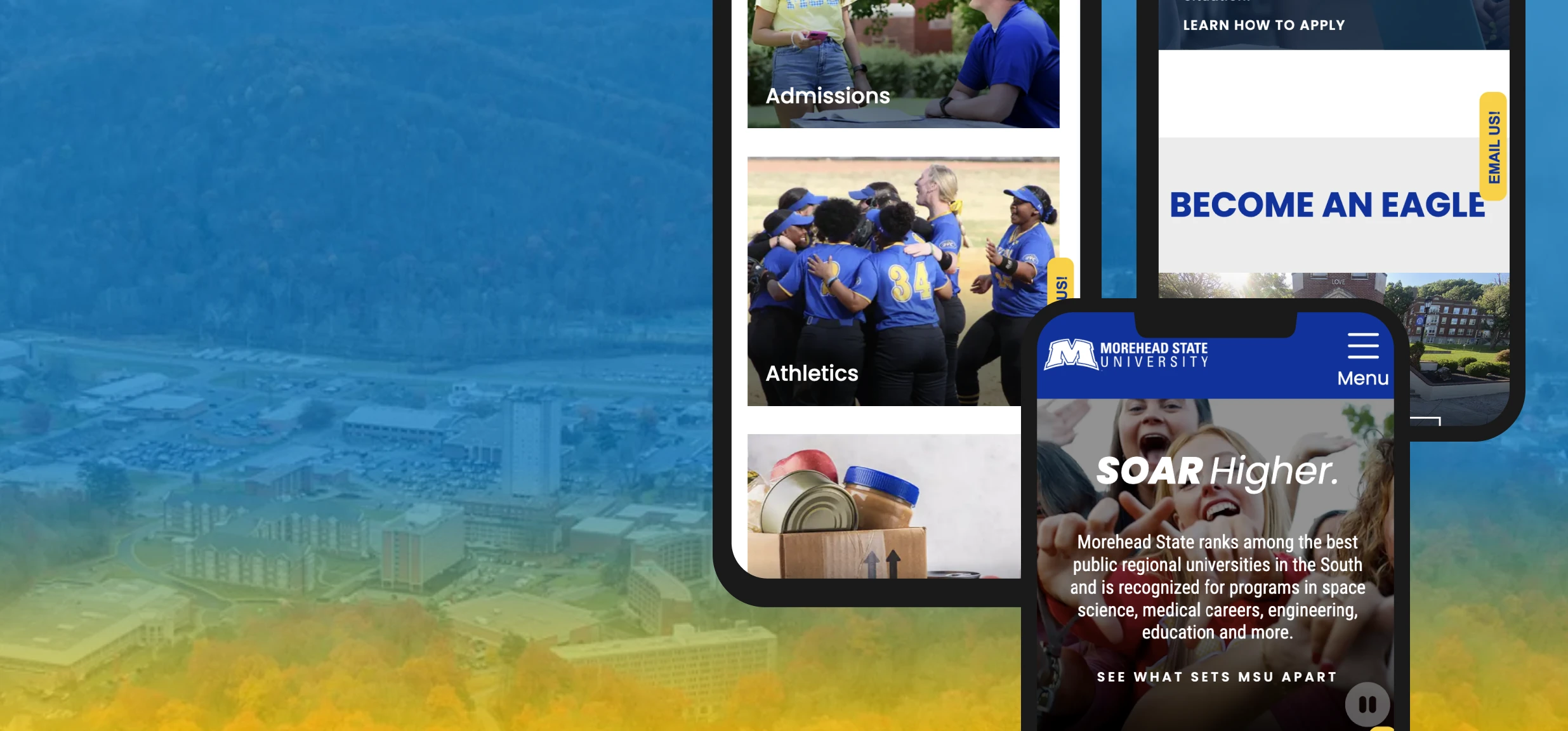 mockups of morehead website in mobile device frames