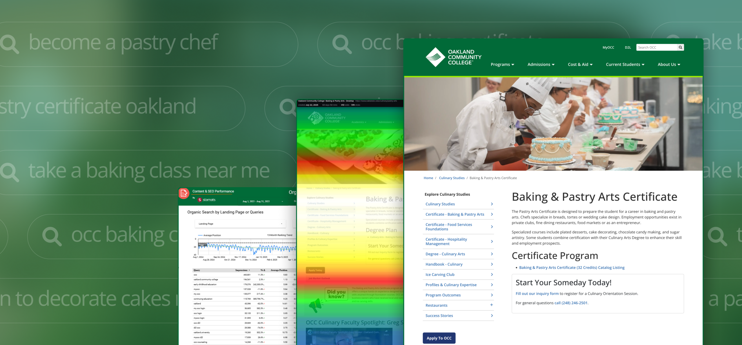Graphic that includes heatmaps of Oakland Community College web page